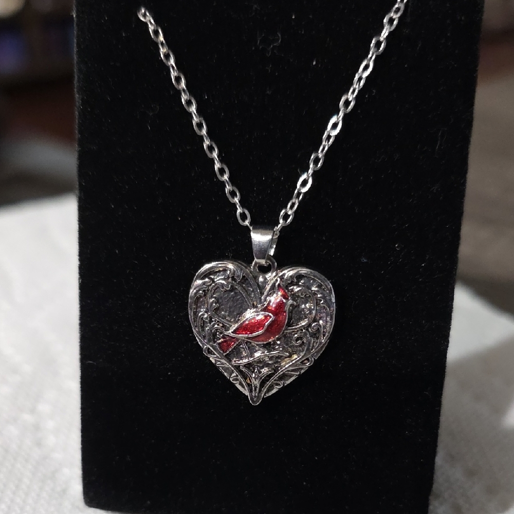 Silver Tone Heart Pendant Necklace with Red Bird